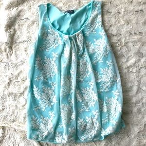 Adorable Cream Lace over sea glass Aqua Blouson Tank-M